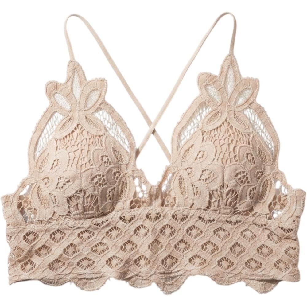 Floral Lace Bralette Tan Nude Strappy Caged Back Longline Boho Wireless Bra M